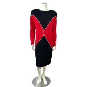 Vintage Saks Fifth Avenue Color Block Dress Red Black Gold Geometric Size 8-10